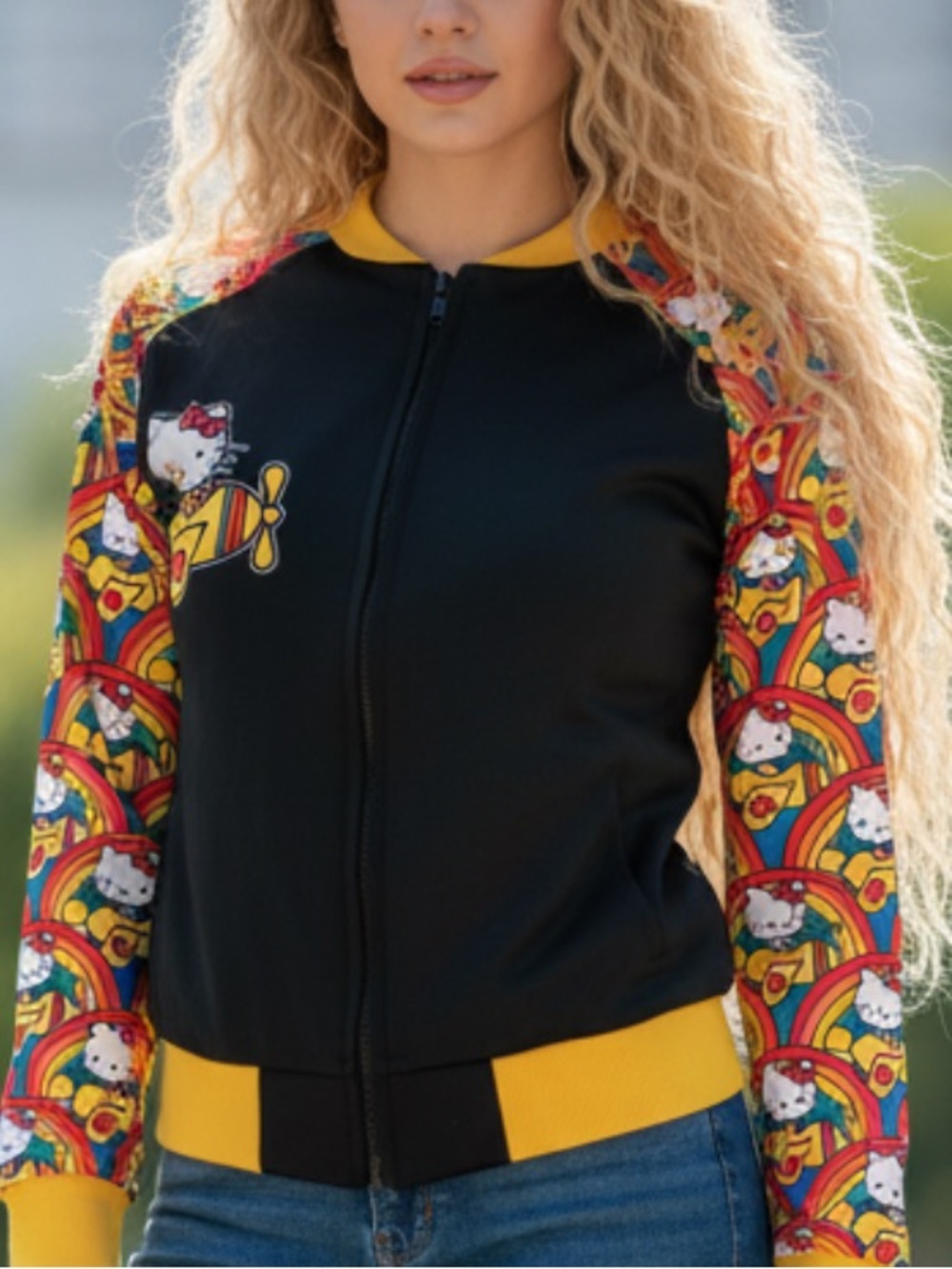 HELLO KITTY- 40th ANNIVERSARY 1976 BLACK Bomber Jacket with Multicolor